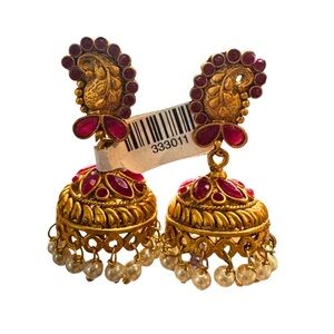 Gold and Red Jhumka Earrings